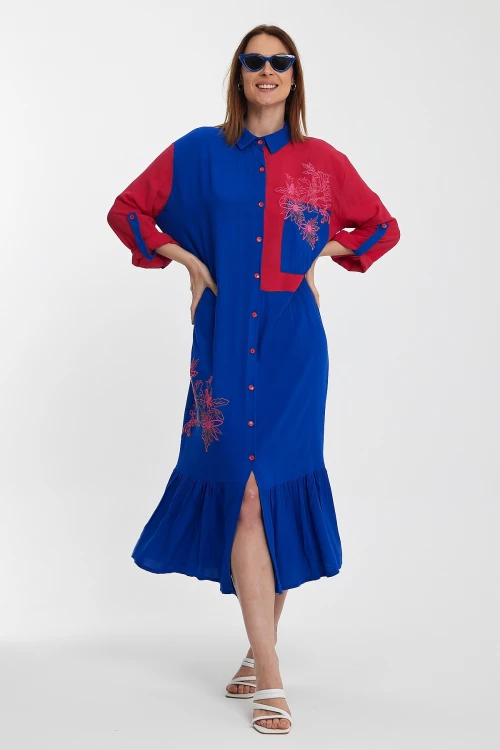 Maxi Boy Saks Renk Bloklu Nakış İşlemeli Uzun Boy Dokuma Gömlek Elbise BCVL-241000