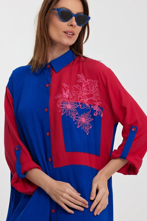 Maxi Boy Saks Renk Bloklu Nakış İşlemeli Uzun Boy Dokuma Gömlek Elbise BCVL-241000