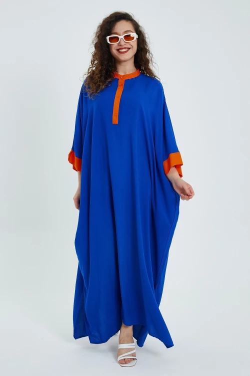 Maxi Boy Saks Renk Bloklu Uzun Boy Salaş Dokuma Elbise BCVL-24949