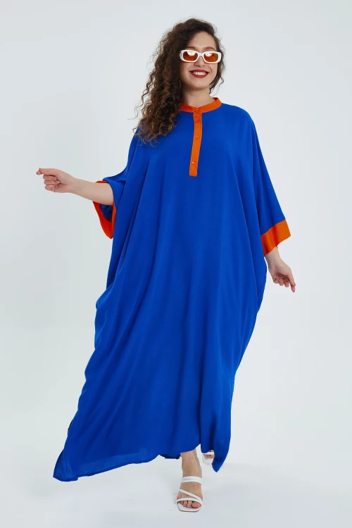 Maxi Boy Saks Renk Bloklu Uzun Boy Salaş Dokuma Elbise BCVL-24949