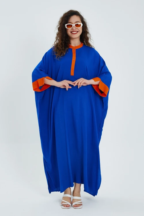 Maxi Boy Saks Renk Bloklu Uzun Boy Salaş Dokuma Elbise BCVL-24949