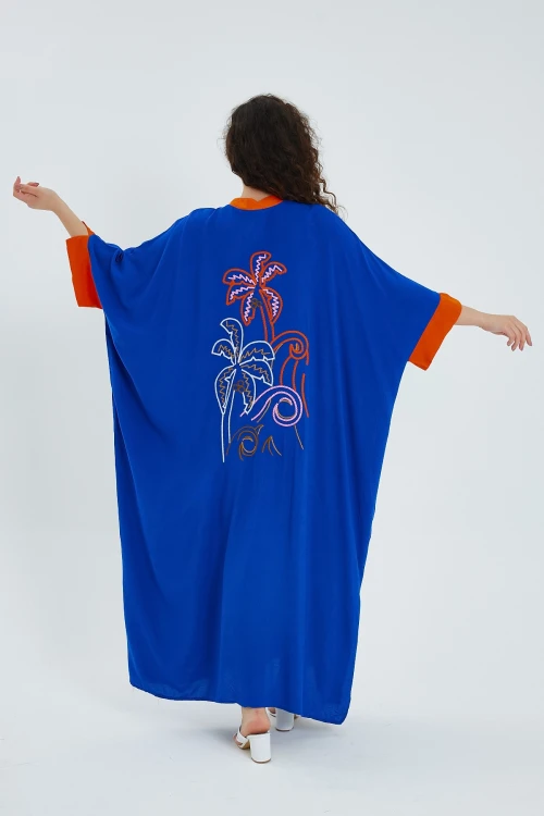 Maxi Boy Saks Renk Bloklu Uzun Boy Salaş Dokuma Elbise BCVL-24949