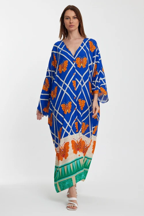 Saks V Yaka Çiçek Desenli Uzun Boy Dokuma Gömlek Elbise