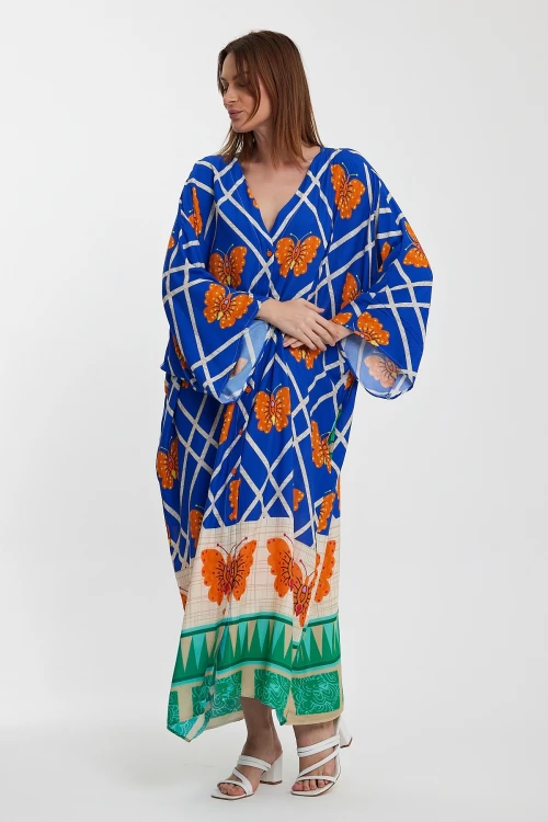 Saks V Yaka Çiçek Desenli Uzun Boy Dokuma Gömlek Elbise