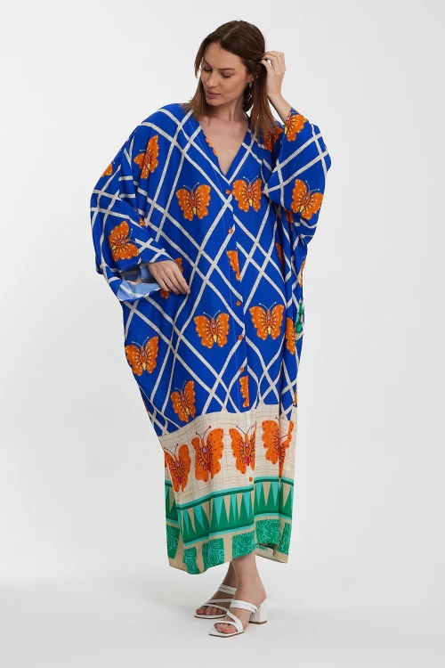 Saks V Yaka Çiçek Desenli Uzun Boy Dokuma Gömlek Elbise