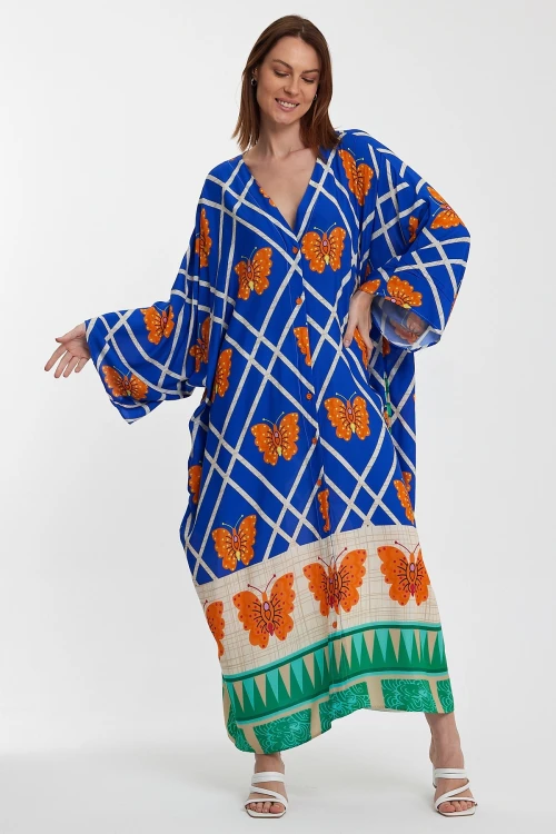 Saks V Yaka Çiçek Desenli Uzun Boy Dokuma Gömlek Elbise