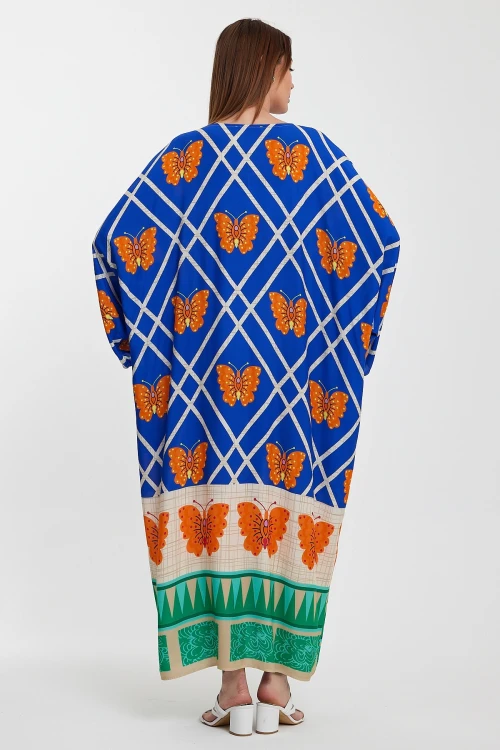 Saks V Yaka Çiçek Desenli Uzun Boy Dokuma Gömlek Elbise