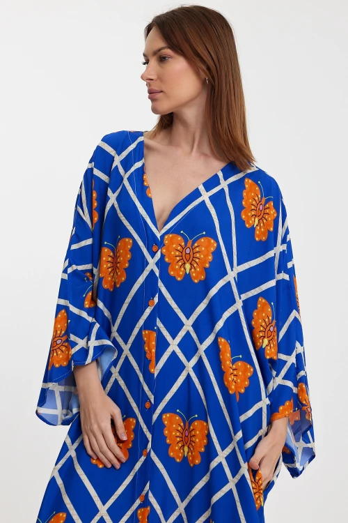 Saks V Yaka Çiçek Desenli Uzun Boy Dokuma Gömlek Elbise