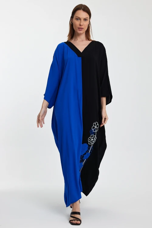 Maxi Boy Saks V Yaka Nakış İşlemeli Renk Bloklu Uzun Boy Gömlek Elbise BCVL-24958