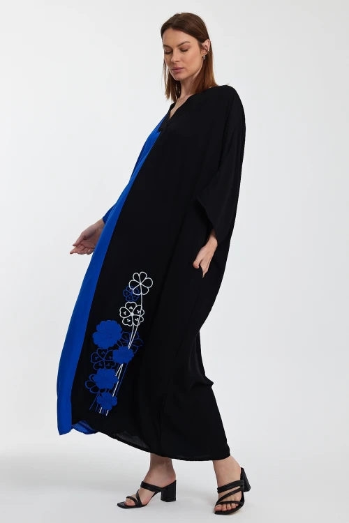 Maxi Boy Saks V Yaka Nakış İşlemeli Renk Bloklu Uzun Boy Gömlek Elbise BCVL-24958