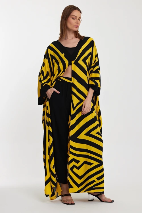 Maxi Boy Sarı Geometrik Desenli Pantolon Ve Uzun Kimono Ceket Alt Üst Takım BCVL-241015