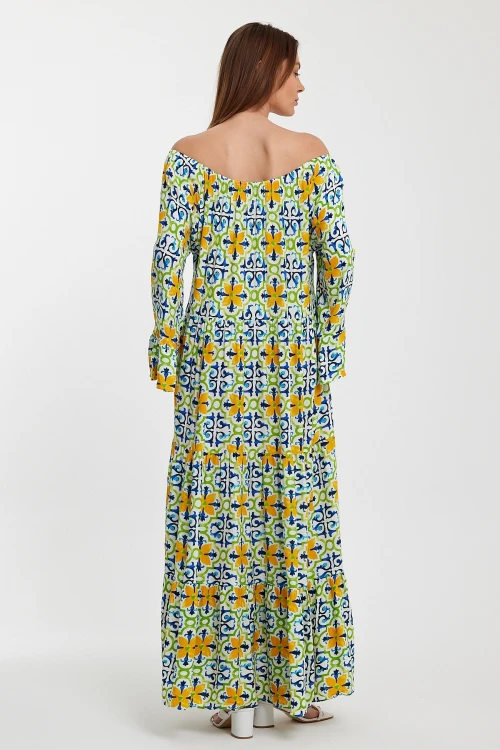 Maxi Boy Sarı Mavi Düşük Omuz Lastikli Desenli Rahat Kesim Uzun Boy Dokuma Elbise BCVL-242251