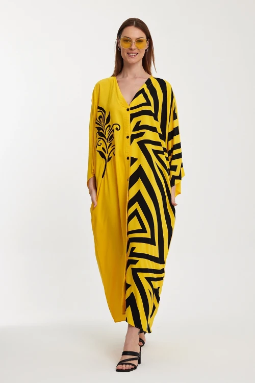 Maxi Boy Sarı Nakış İşlemeli Renk Bloklu Uzun Boy Dokuma Elbise BCVL-241016