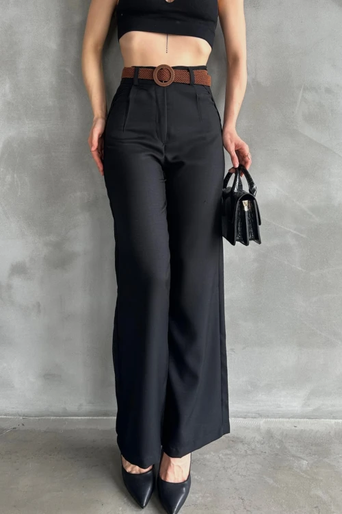 Siyah Beli Kemerli Keten Pantolon BCDF-241103