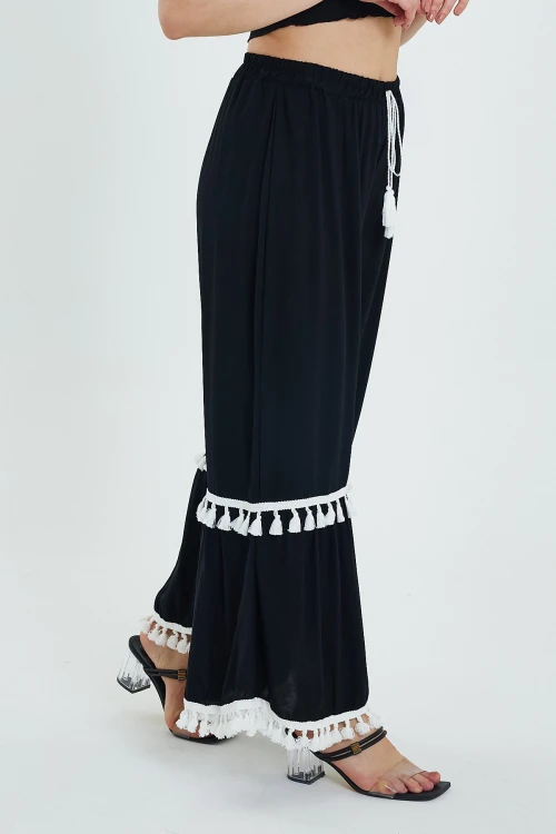 Maxi Boy Siyah Beli Lastikli Püskül Detaylı Rahat Kalıp Dokuma Pantolon BCVL-24924