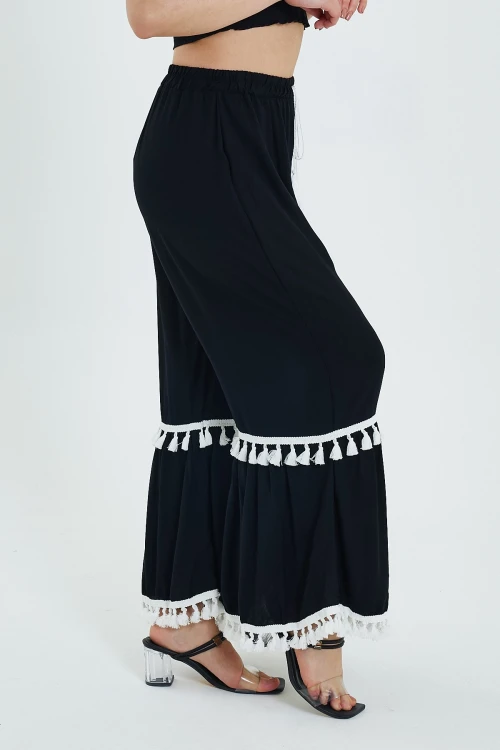 Maxi Boy Siyah Beli Lastikli Püskül Detaylı Rahat Kalıp Dokuma Pantolon BCVL-24924