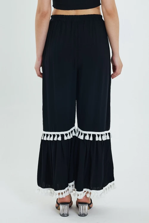 Maxi Boy Siyah Beli Lastikli Püskül Detaylı Rahat Kalıp Dokuma Pantolon BCVL-24924