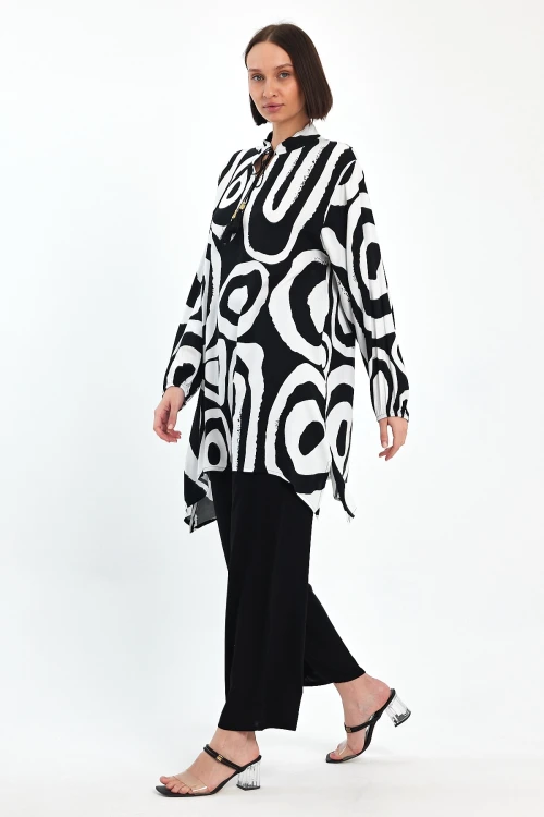 Maxi Boy Siyah Beyaz Geometrik Desenli Pantolon Ve Uzun Tunik Alt Üst Takım BCVL-241017