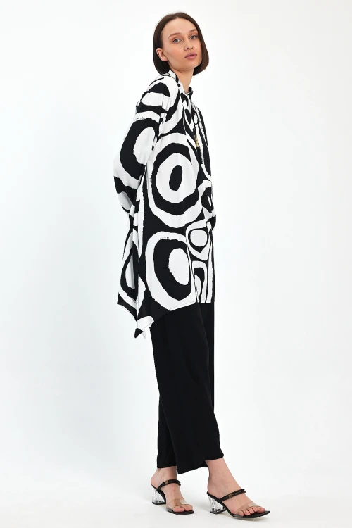 Maxi Boy Siyah Beyaz Geometrik Desenli Pantolon Ve Uzun Tunik Alt Üst Takım BCVL-241017