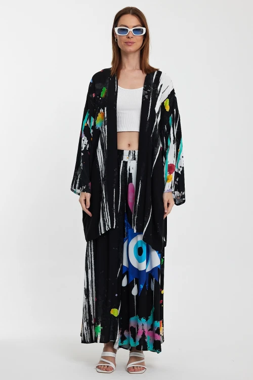 Maxi Boy Siyah Desenli Pantolon Ve Uzun Kimono Dokuma Alt Üst Takım BCVL-24976