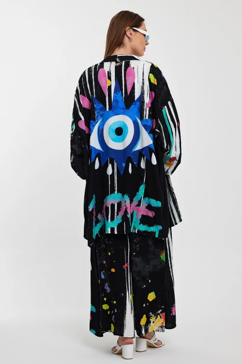 Maxi Boy Siyah Desenli Pantolon Ve Uzun Kimono Dokuma Alt Üst Takım BCVL-24976