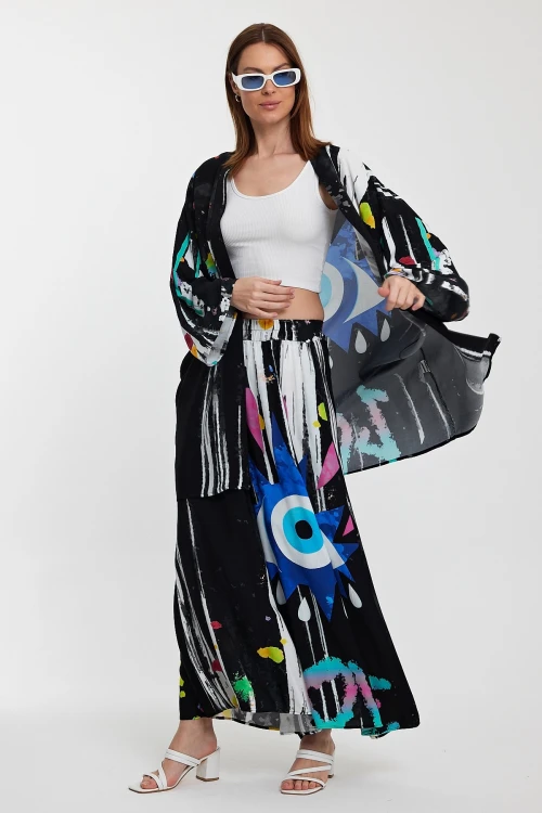 Maxi Boy Siyah Desenli Pantolon Ve Uzun Kimono Dokuma Alt Üst Takım BCVL-24976