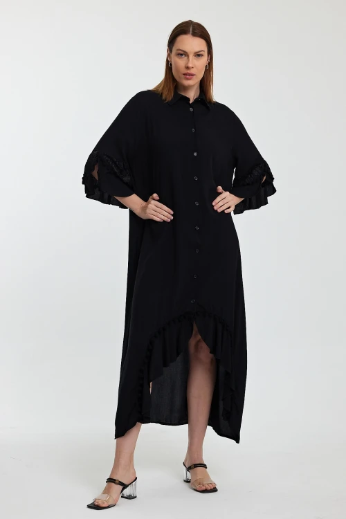 Maxi Boy Siyah Hakim Yaka Güpür Detaylı Uzun Boy Dokuma Gömlek Elbise BCVL-24S50