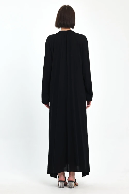 Siyah Hakim Yaka Nakış İşlemeli Uzun Boy Dokuma Elbise