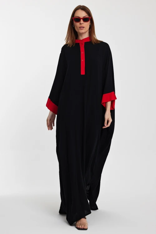 Maxi Boy Siyah Hakim Yaka Nakış İşlemeli Uzun Boy Gömlek Elbise BCVL-24957