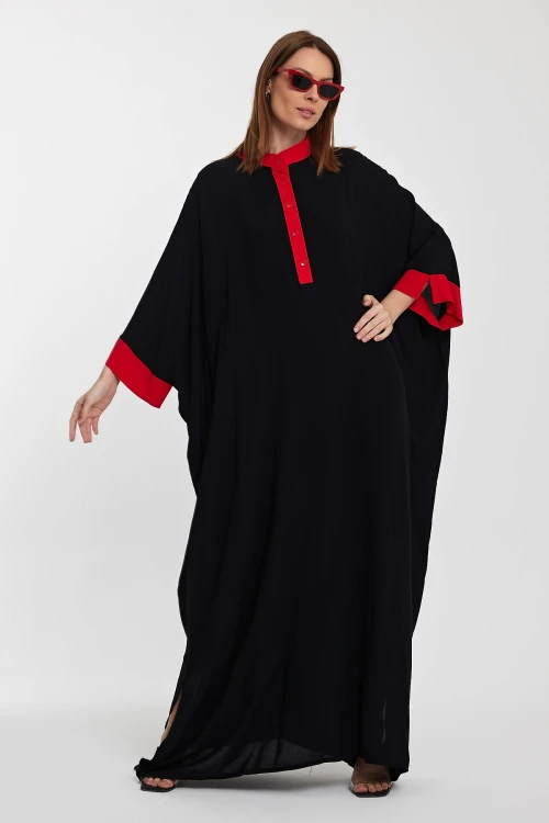 Maxi Boy Siyah Hakim Yaka Nakış İşlemeli Uzun Boy Gömlek Elbise BCVL-24957