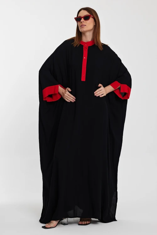 Maxi Boy Siyah Hakim Yaka Nakış İşlemeli Uzun Boy Gömlek Elbise BCVL-24957