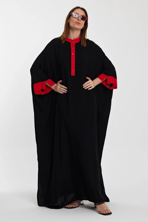 Maxi Boy Siyah Hakim Yaka Nakış İşlemeli Uzun Boy Gömlek Elbise BCVL-24957