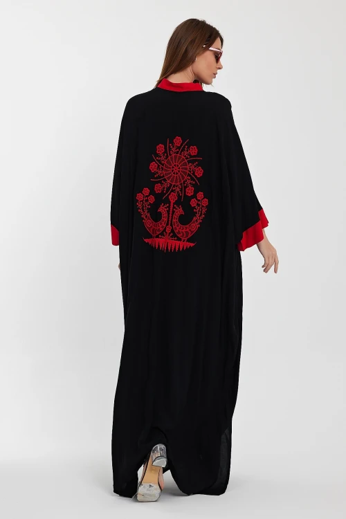 Maxi Boy Siyah Hakim Yaka Nakış İşlemeli Uzun Boy Gömlek Elbise BCVL-24957