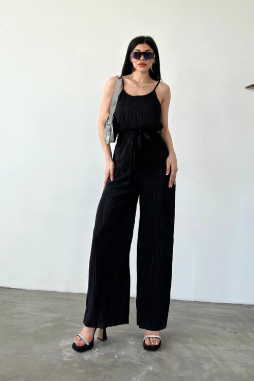 Siyah İp Askılı Kuşaklı Krinkle Tulum BCDF-241077