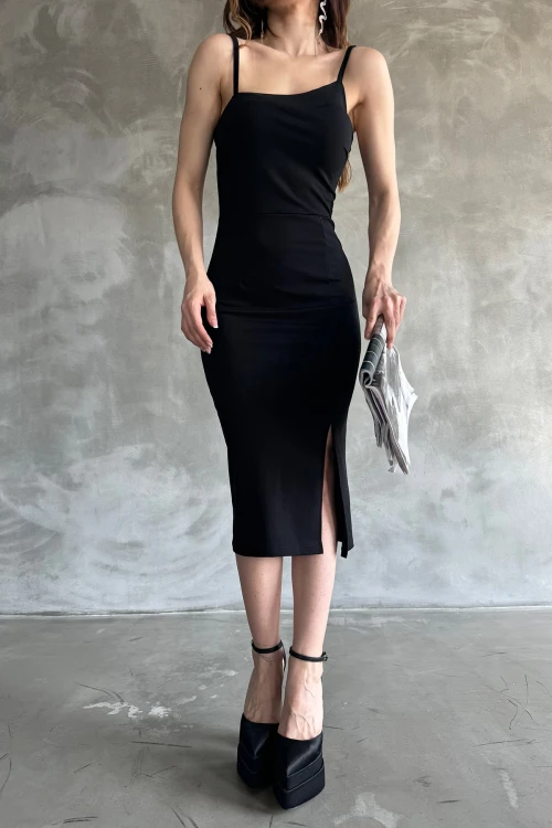 Siyah İp Askılı Yırtmaç Detaylı Midi Boy Dalgıç Gece Elbisesi 