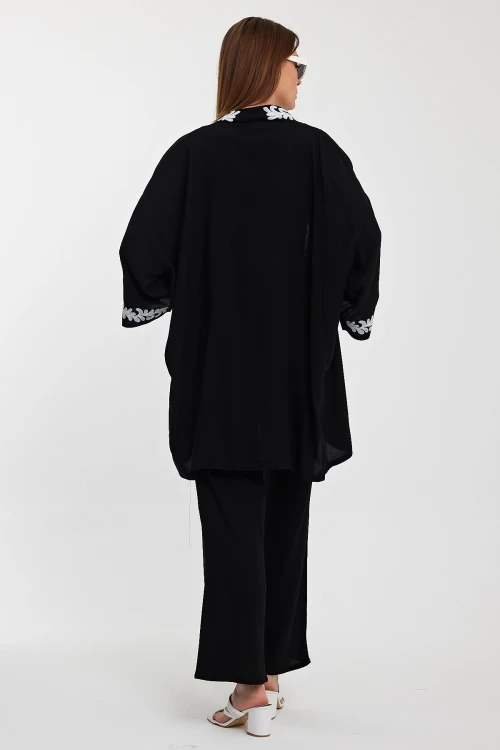 Maxi Boy Siyah Nakış İşlemeli Alt Üst Kimono Pantolon Takım BCVL-24950