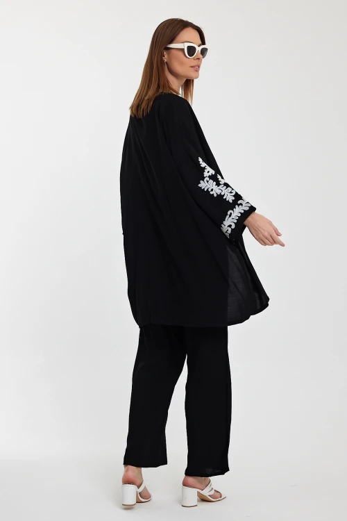 Maxi Boy Siyah Nakış İşlemeli Alt Üst Kimono Pantolon Takım BCVL-24950