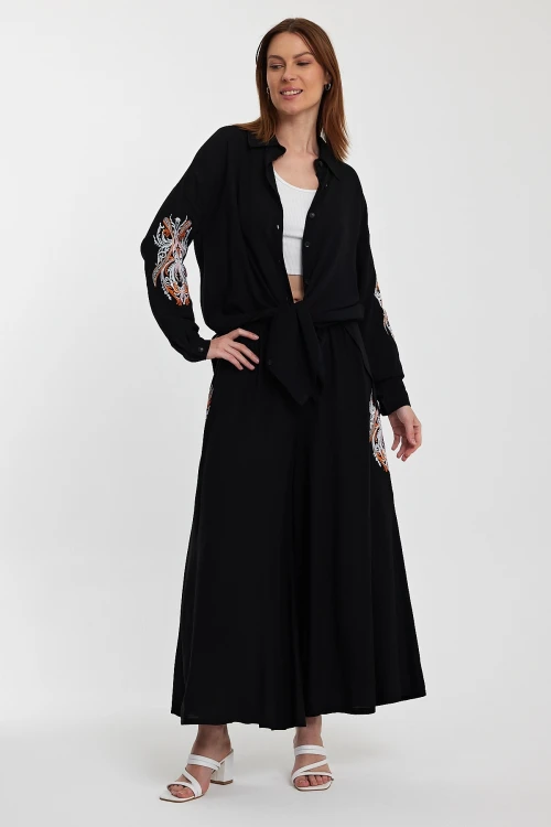 Maxi Boy Siyah Nakış İşlemeli Gömlek Ve Pantolon Dokuma Alt Üst Takım BCVL-24930