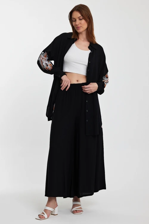 Maxi Boy Siyah Nakış İşlemeli Gömlek Ve Pantolon Dokuma Alt Üst Takım BCVL-24930