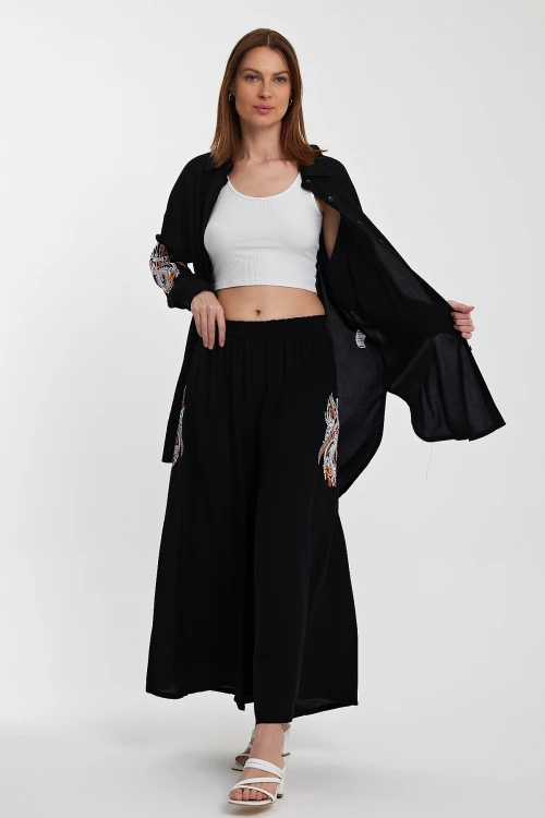Maxi Boy Siyah Nakış İşlemeli Gömlek Ve Pantolon Dokuma Alt Üst Takım BCVL-24930