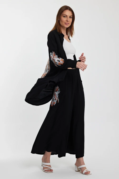 Maxi Boy Siyah Nakış İşlemeli Gömlek Ve Pantolon Dokuma Alt Üst Takım BCVL-24930