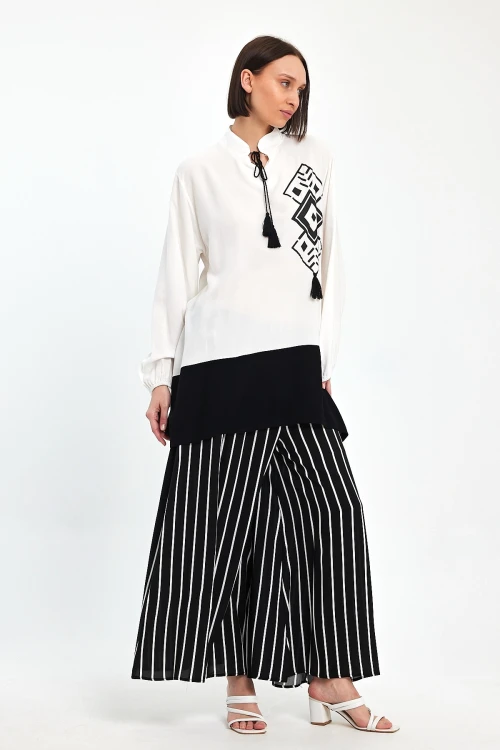 Maxi Boy Siyah Renk Bloklu Çizgili Pantolon Ve Uzun Tunik Alt Üst Takım BCVL-241021