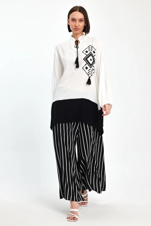 Maxi Boy Siyah Renk Bloklu Çizgili Pantolon Ve Uzun Tunik Alt Üst Takım BCVL-241021