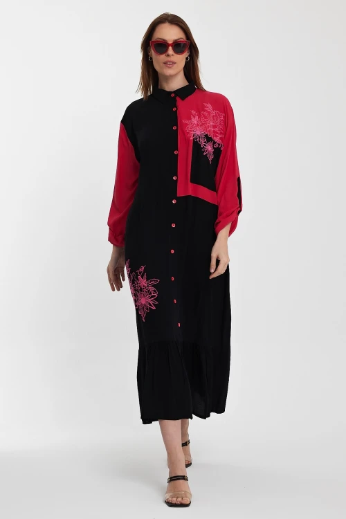 Maxi Boy Siyah Renk Bloklu Nakış İşlemeli Uzun Boy Dokuma Gömlek Elbise BCVL-241000