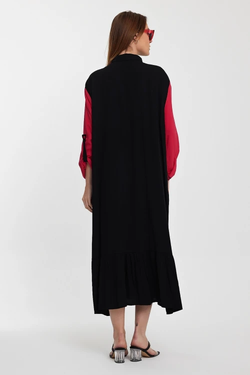 Maxi Boy Siyah Renk Bloklu Nakış İşlemeli Uzun Boy Dokuma Gömlek Elbise BCVL-241000