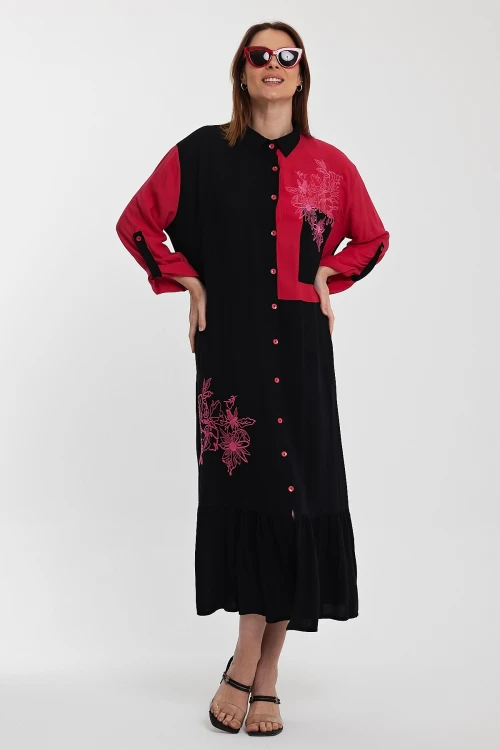 Maxi Boy Siyah Renk Bloklu Nakış İşlemeli Uzun Boy Dokuma Gömlek Elbise BCVL-241000