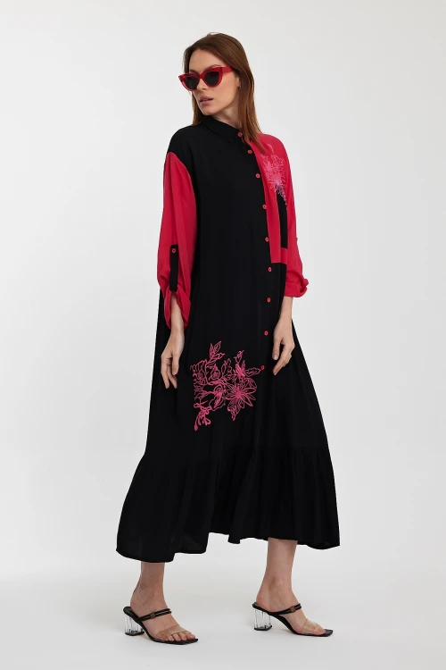 Maxi Boy Siyah Renk Bloklu Nakış İşlemeli Uzun Boy Dokuma Gömlek Elbise BCVL-241000