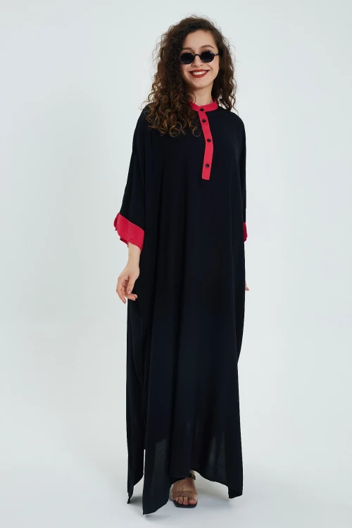 Maxi Boy Siyah Renk Bloklu Uzun Boy Salaş Dokuma Elbise BCVL-24949