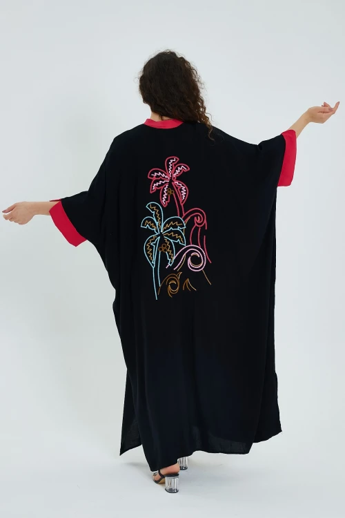 Maxi Boy Siyah Renk Bloklu Uzun Boy Salaş Dokuma Elbise BCVL-24949