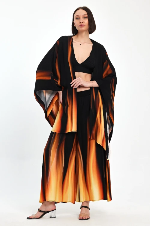 Maxi Boy Turuncu Degrade Desenli Pantolon Ve Kimono Dokuma Alt Üst Takım BCVL-24975